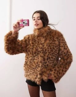 Motel Joji Crop Faux Fur Leopard Print Jacket In Brown For Women