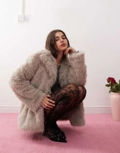 Motel Lupita Longline Faux Fur Jacket In Taupe For Women