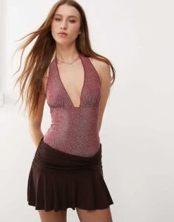 Motel Cosimo Metallic Dotty Halter Top In Pink For Women