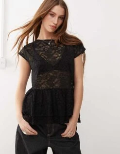 Motel Mayumi Lace Peplum Top In Black For Women