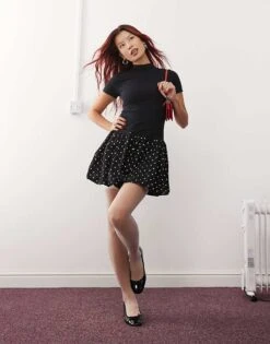 Motel Sherida Bubble Mini Dress In Black Polka Dot For Women