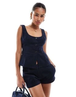 Motel Ganita Micro Cord Button Through Waistcoat Top Co-ord In Navy For Women