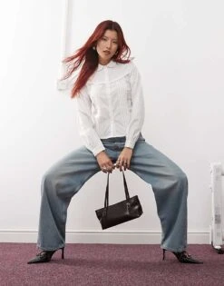 Motel Wells Frill Detail Pintuck Shirt In White For Women