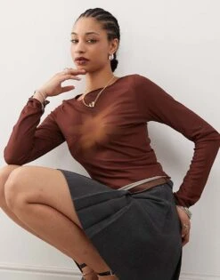 Motel Armali Tonal Flower Print Long Sleeve Top In Brown For Women