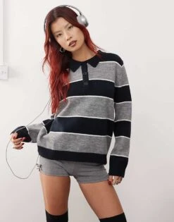 Motel Yusnada Striped Rugby Jumper In Grey And Navy For Women Grey/navy