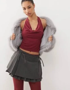 Motel Menora Cowl Neck Halter Top In Burgundy For Women