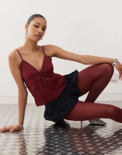 Motel Jepuni Pleat Detail Cami Top In Burgundy For Women