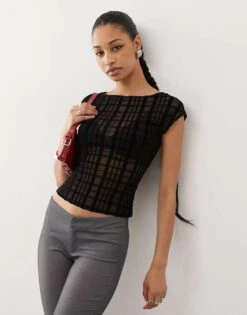 Motel Nova Flocked Check Fitted T-shirt In Black For Women