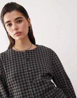 Motel Zarela Knitted Argyle Cardigan In Grey For Women Black/grey