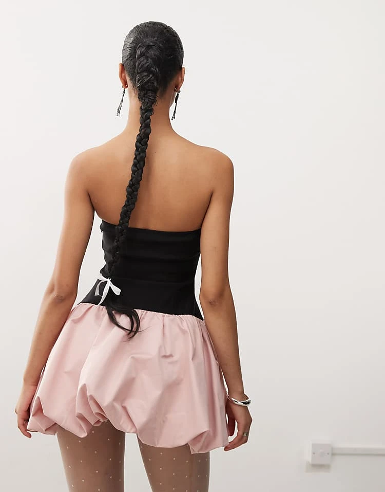 Motel Kalea Puffball Bow Detail Mini Dress In Black And Pink For Women Black/pink - Image 2