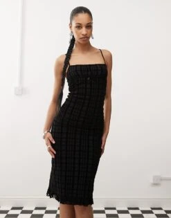 Motel Nateda Flocked Check Midi Cami Dress In Black For Women
