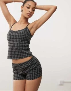Motel Atarah Knitted Argyle Cami Top Co-ord In Grey For Women Black/grey