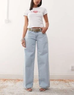Motel Roomy Wide Leg Low Rise Jeans In Light Wash Blue For Women