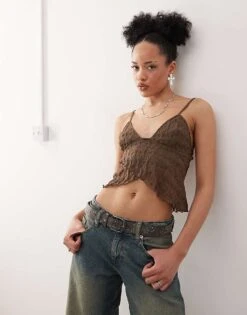 Motel Cojira Lace Wrap Detail Cami Top In Mocha For Women