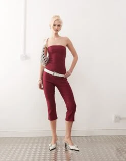 Motel Kila Tailored Capri Trouser Co-ord In Burgundy For Women