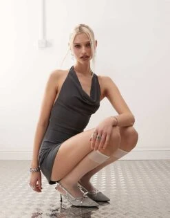 Motel Malora Cowl Neck Mini Dress In Charcoal For Women