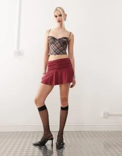 Motel Delita Cupro Mini Skirt In Burgundy For Women