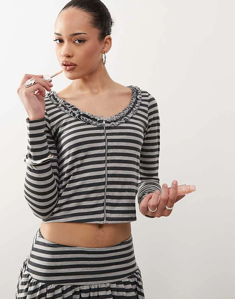 Motel Ethel Zip Stripe Cardigan In Grey Black For Women Stripe Grey Black