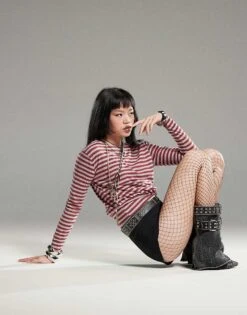 Motel Zahir Long Sleeve Stripe Top In Burgundy Grey For Women Stripe Burgundy Grey