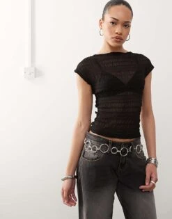 Motel Nova Ruched Mesh Top In Black For Women