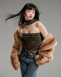 Motel Jeldia Bandeau Top In Gold Stripe For Women