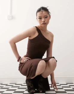 Motel Cordia One Shoulder Co-ord Top In Bitter Chocolate For Women