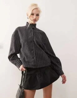 Motel Lastika Pinstripe Jacket In Charcoal For Women