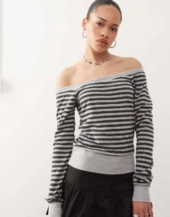 Motel Yacin Slouchy Stripe Long Sleeve Top In Grey Black For Women Stripe Grey Black