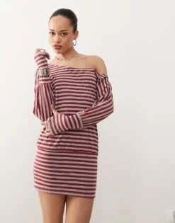 Motel Zylina Slouchy Stripe Mini Dress In Burgundy Grey For Women Stripe Burgundy Grey