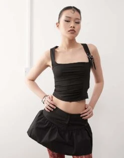 Motel Alexia Ruched Buckle Strap Top In Black For Women