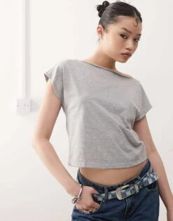 Motel Balia Off-shoulder T-shirt In Grey Marl For Women