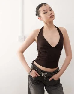 Motel Cosmo Slinky Halter Top In Chocolate Brown For Women