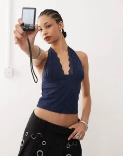 Motel Matua Lace Halter Top In Navy For Women