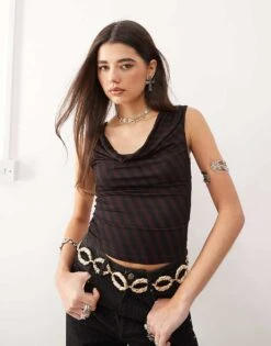 Motel Hikari Cowl Neck Striped Top In Maroon For Women