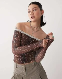 Motel Rusaka Deer Print Mesh Top In Brown For Women
