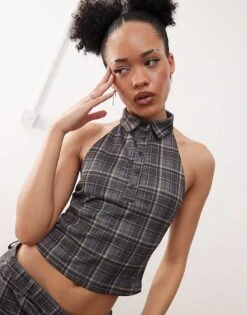 Motel Harlo Collared Check Top Co-ord In Grey For Women Grey Check