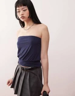 Motel Leocadia Cupro Bandeau Top In Navy For Women