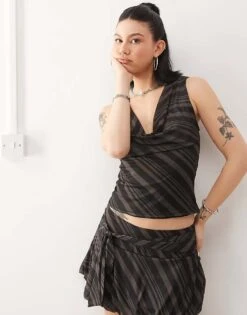 Motel Losa Stripe Cowl Neck Vest Top Co-ord In Dark Grey For Women Grey Stripe