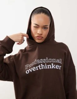 Motel Oversized Slogan Hoodie In Bitter Chocolate For Women