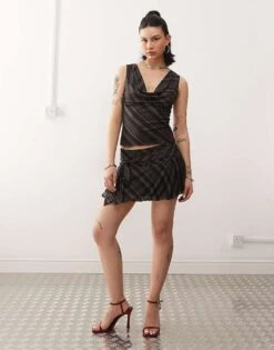 Motel Libri Stripe Ruffled Mini Skirt Co-ord In Dark Grey For Women Grey Stripe
