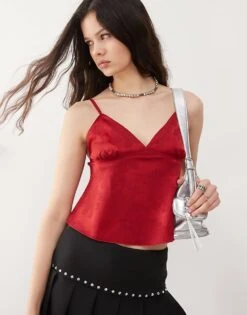 Motel Marinda Jacquard Satin Cami Top In Red For Women