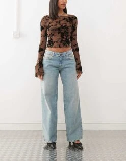 Motel Roomy Extra Wide Low Rise Jeans In Washed Blue Green For Women