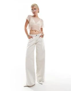 Motel Roomy Wide Leg Low Rise Jeans In Off-white For Women
