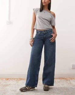 Motel Extra Wide Low Rise Jeans In Mid Blue Used Wash For Women