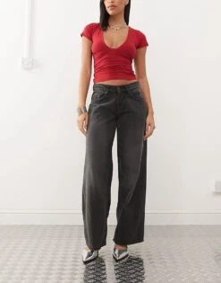 Motel Roomy Extra Wide Low Rise Jeans In Washed Black Grey For Women