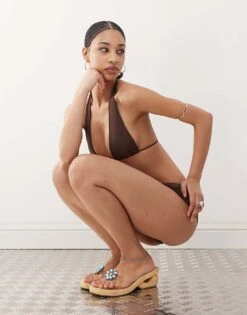 Motel Cerry Bead Detail Bikini Top In Brown