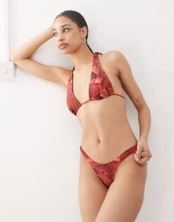 Motel Cerry Hibiscus Print Bikini Top In Red