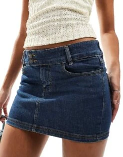 Motel Low Rise Denim Mini Skirt In Dark Blue Vintage Wash For Women