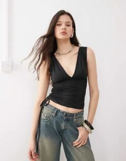 Motel Lindka Plunge Asymmetric Slinky Top In Black For Women