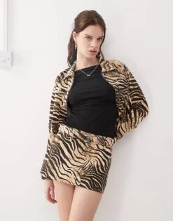 Motel Oiwa Wild Animal Mini Skirt Co-ord In Cream And Brown For Women Cream/brown